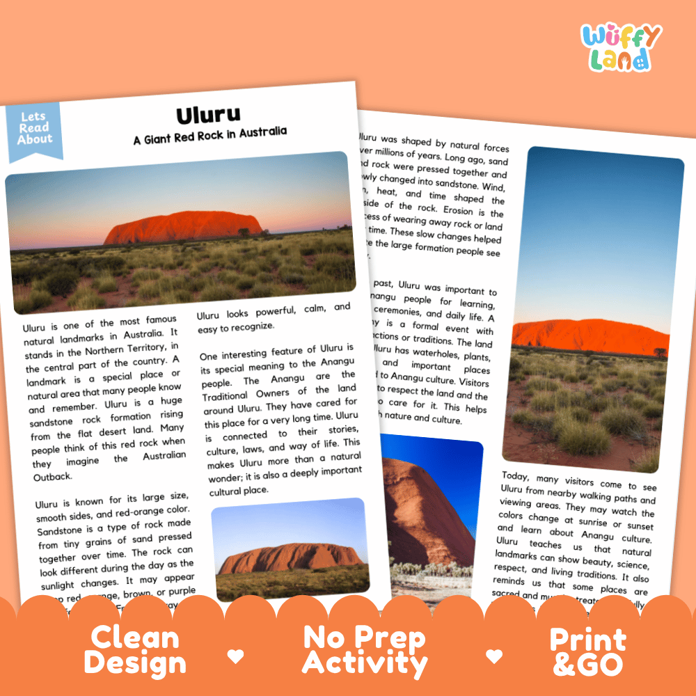 Uluru Landmark Reading Passages and Comprehension Worksheets