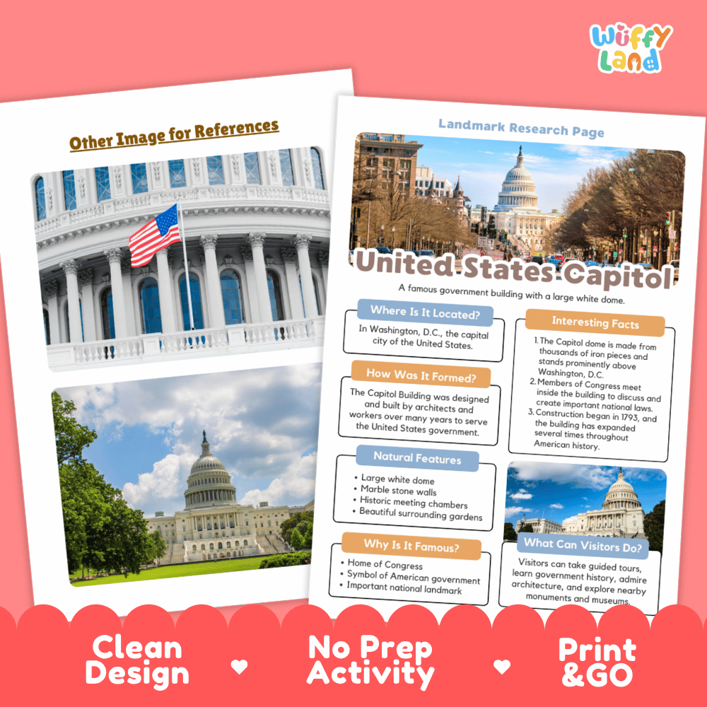 United States Capitol Landmark Research Page Worksheets and Fact Sheet Activity