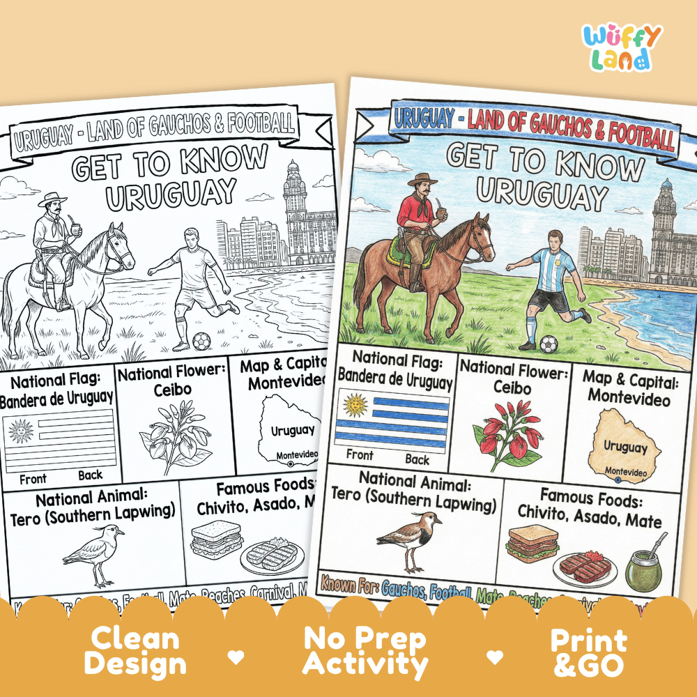 Two educational activity sheets for learning about Uruguay, featuring illustrated maps, flags, flowers, foods, and cultural icons. The sheets are shown side-by-side on a white background with a decorative orange banner at the bottom reading 'Clean Design', 'No Prep Activity', and 'Print & GO'.