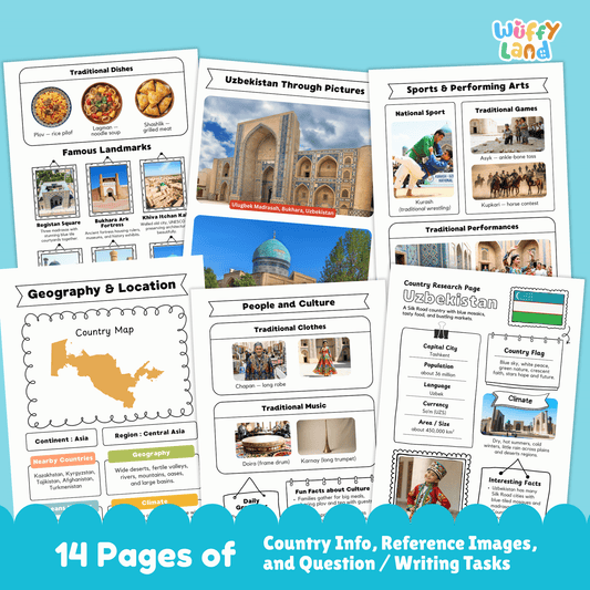 A country research project worksheet for Uzbekistan, featuring the capital city (Tashkent), population, language, currency, and area. The sheet includes Uzbekistan's flag with blue, white, and green colors symbolizing peace and hope. Sections cover the country's climate (dry, hot summers with cold winters), traditional clothes, music, sports, and famous landmarks such as the Registan Square and Shah-i-Zinda. The worksheet encourages exploration of Uzbekistan's rich history, culture, and geography.