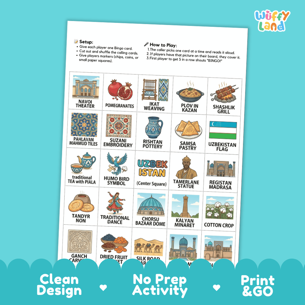 Uzbekistan Geography BINGO Game Central Asia Country Study Activity Printable Boards