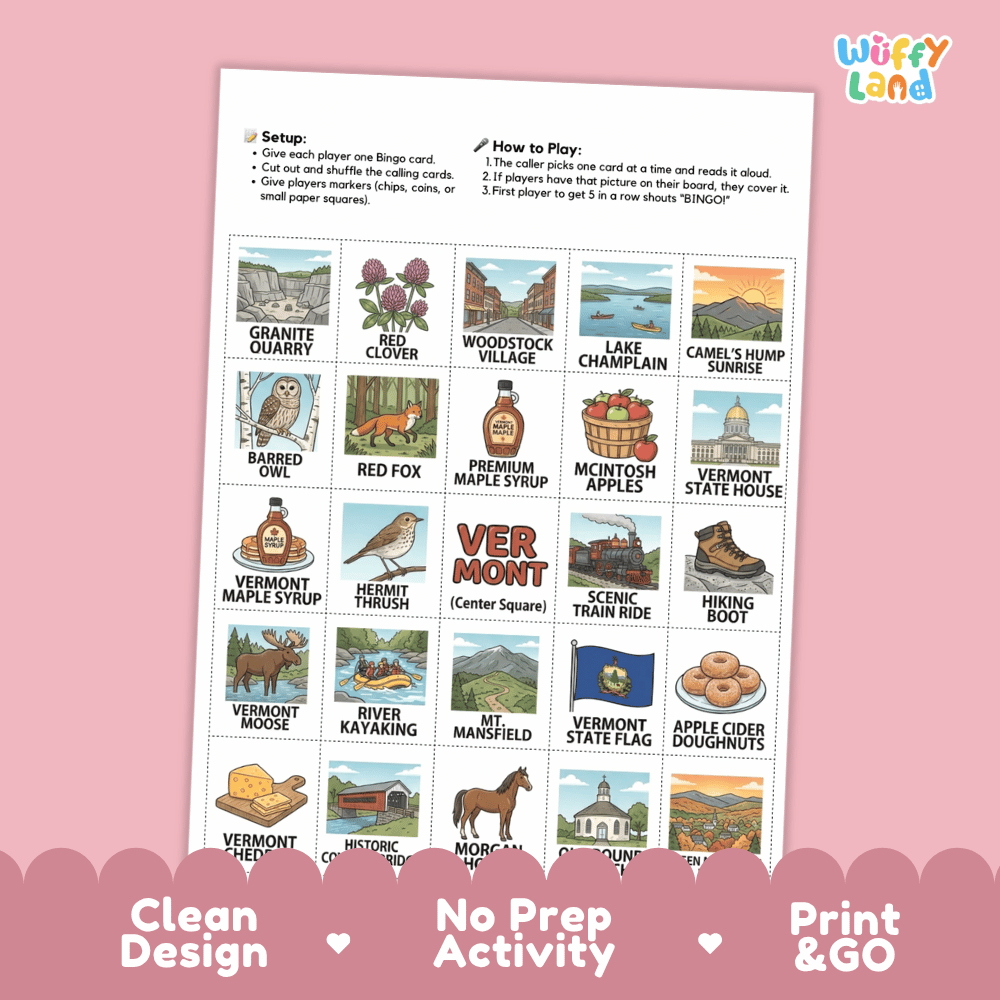 Vermont Geography BINGO Game Green Mountain State Activity Printable Boards