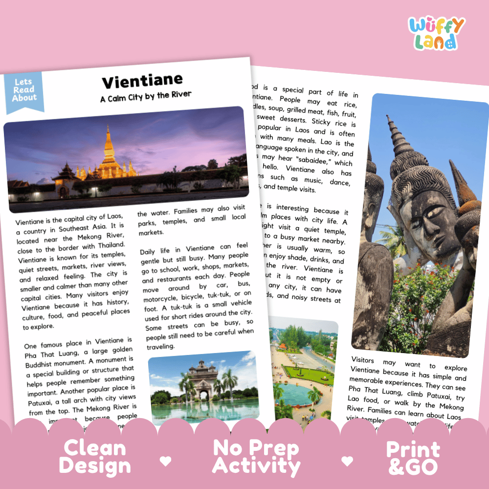 Reference sheet and answer key for Vientiane landmark reading passage displaying completed comprehension answers and Southeast Asian geography facts