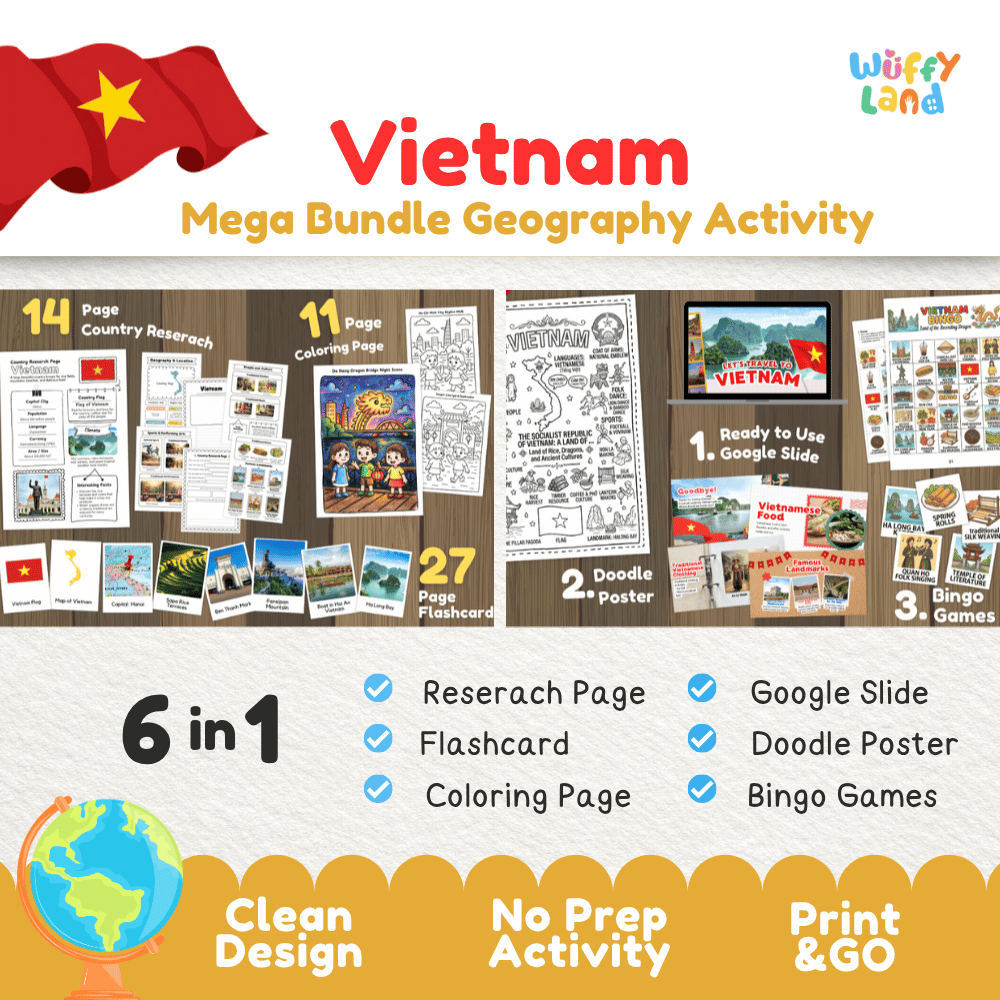 Complete Vietnam geography activity bundle featuring Google Slides, doodle coloring poster, and classroom bingo games 🇻🇳🎒