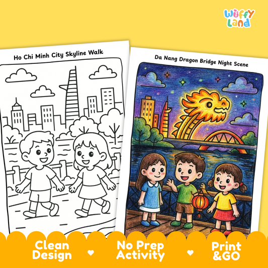Printable Vietnam geography coloring pages featuring kid-friendly illustrations of cultural landmarks and city scenes, including a Ho Chi Minh City skyline walk, a colorful Da Nang Dragon Bridge night scene, and a traditional temple courtyard, designed for elementary country study and geography activities.