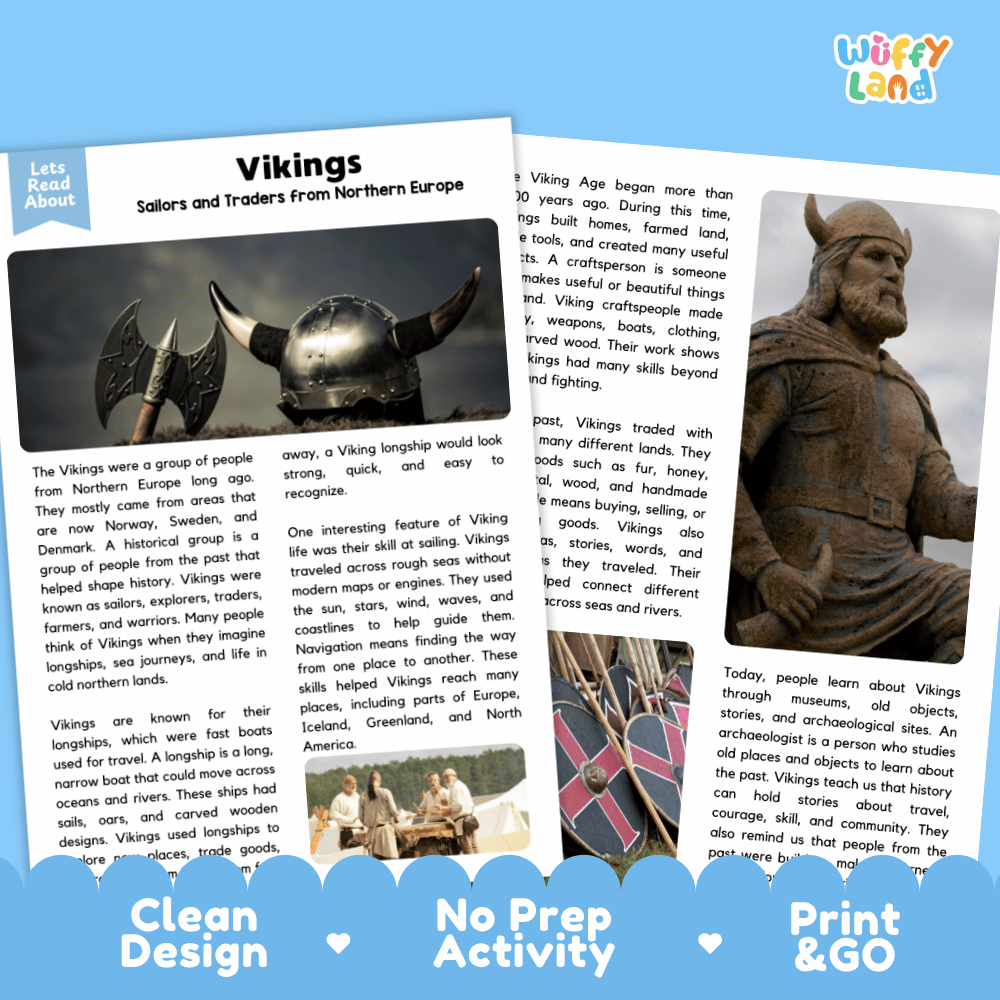 Reference sheet and answer key for Vikings landmark reading passage displaying completed comprehension answers and Norse history facts