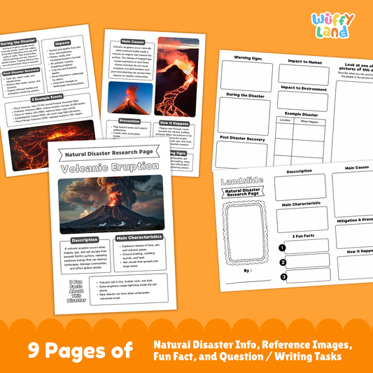 Volcanic eruption country research project worksheets featuring an eruption photo cover page, informational pages, cause and impact sections, and student activity templates for learning about volcanoes.