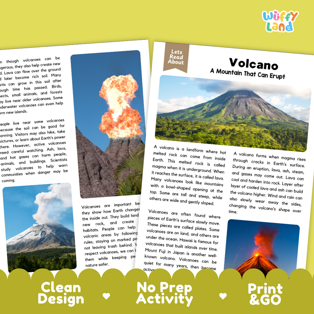 An educational print titled 'Volcano: A Mountain That Can Erupt' from the brand 'Wiffly Land'. The design features a colorful text layout with two interactive, fold-out style volcano cards on the left side, complete with a printed volcano illustration and a 'Let's Read About' header.
