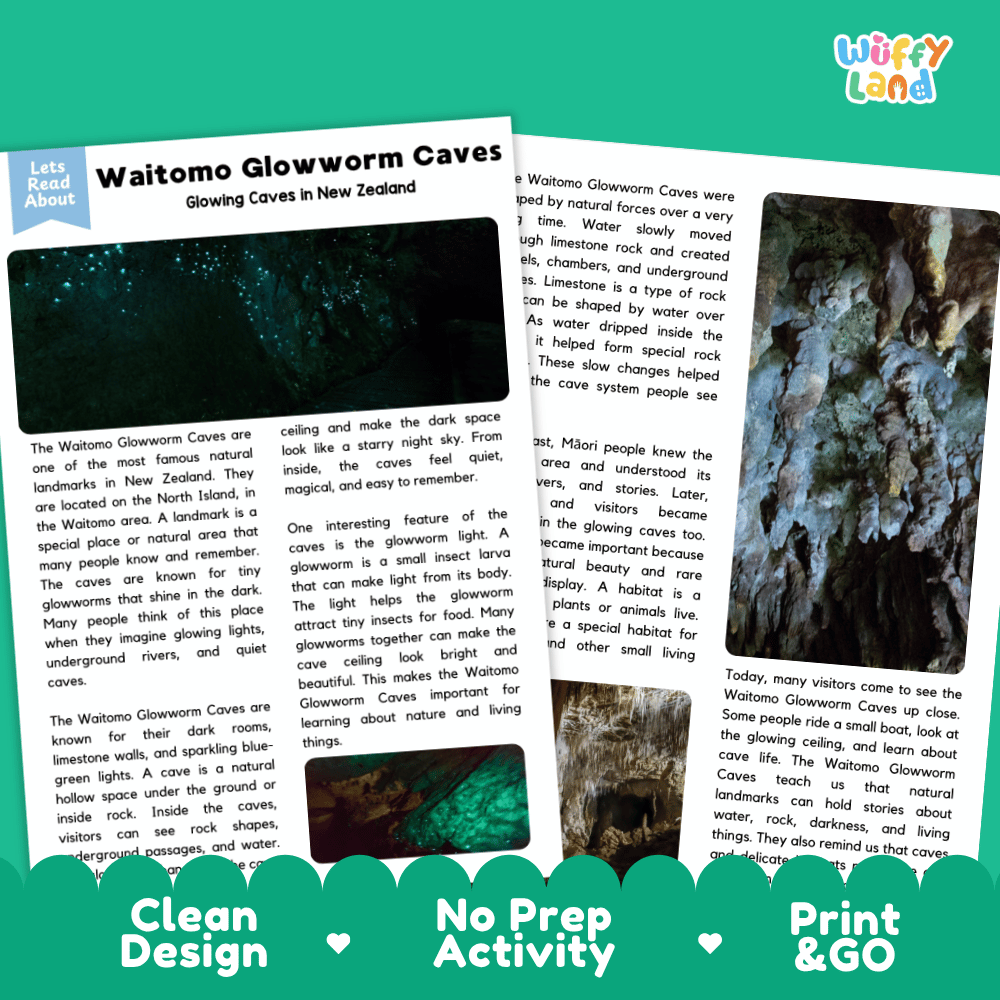 Reference sheet and answer key for Waitomo Glowworm Caves landmark reading passage displaying completed comprehension answers and subterranean science facts