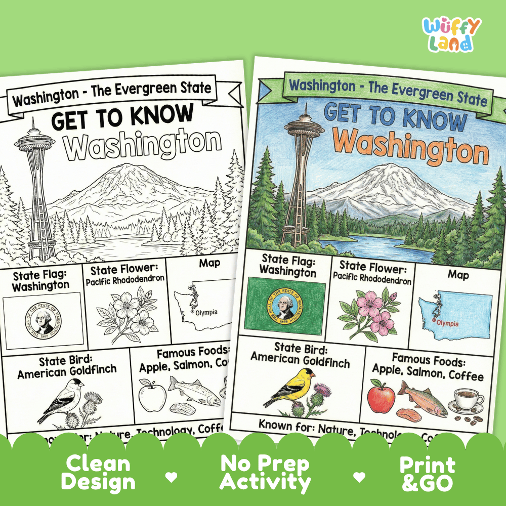 Washington State Geography Coloring Poster and Activity Worksheet