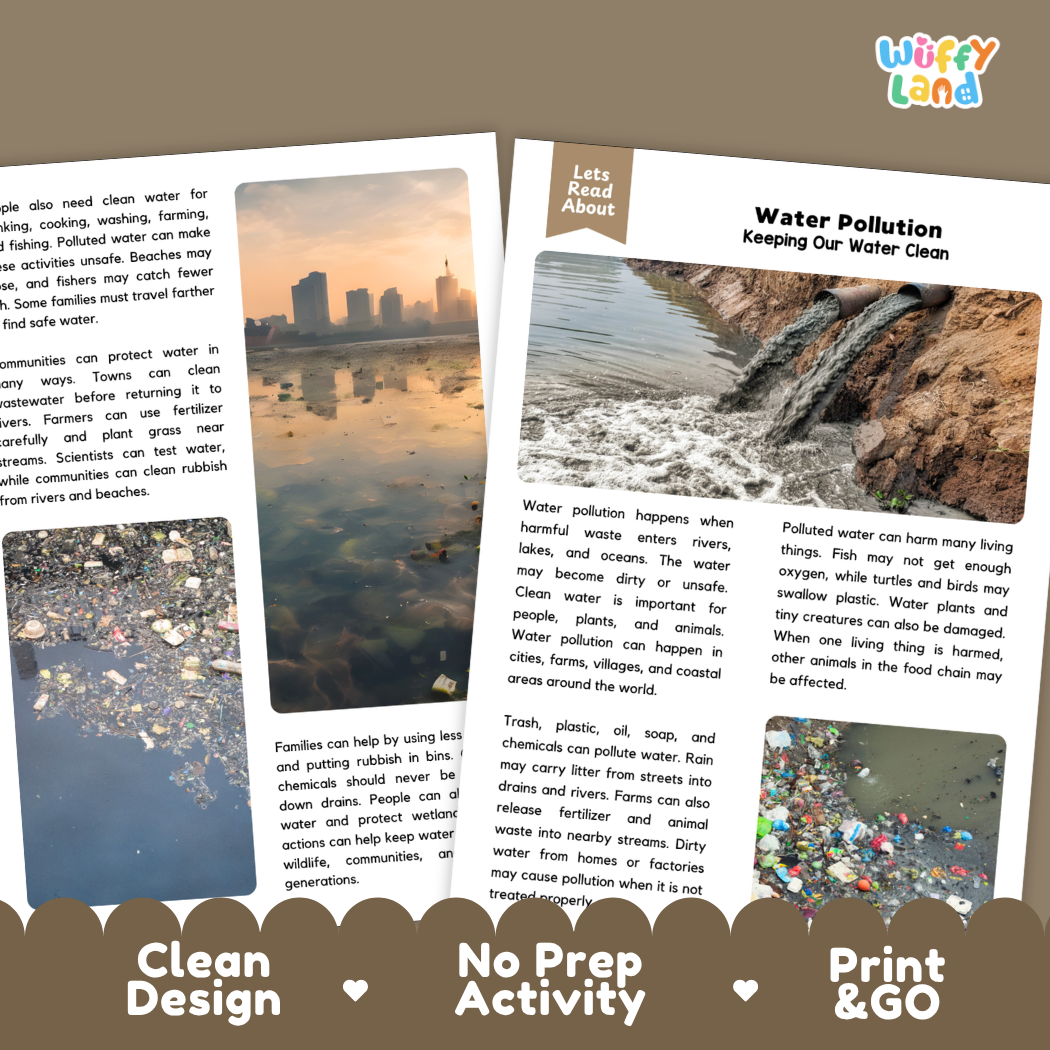 Teacher answer key page showing complete question solutions for Water Pollution environmental science reading comprehension practice