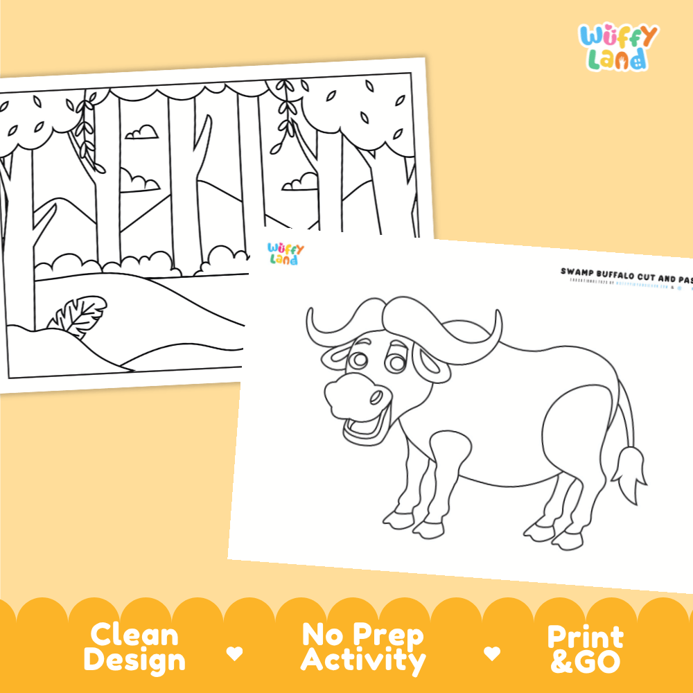 Water Buffalo Cut and Paste Craft and Coloring Activity Worksheets