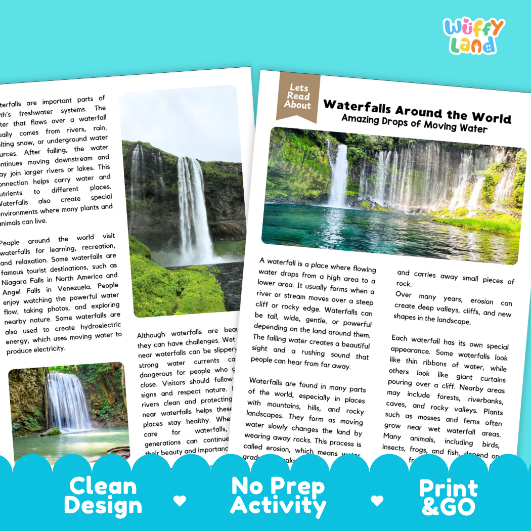 Teacher answer key page showing complete question solutions for Waterfalls Around the World Earth science and geography reading comprehension practice