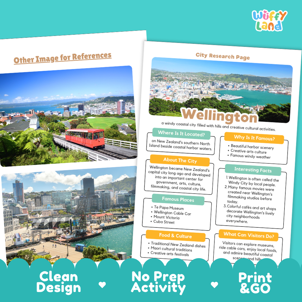 Two printed activity sheets for a Wellington city research activity are shown on a white background with decorative blue banners at the bottom. The sheets feature photos of Wellington, city layout, text boxes, and headings including 'Other Image for References,' 'City Research Page,' and 'Wellington.