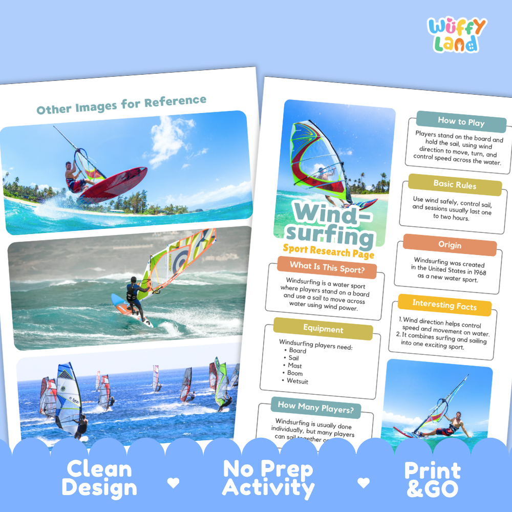 Windsurfing Sport Research Project Worksheets and Fact Sheet Activity