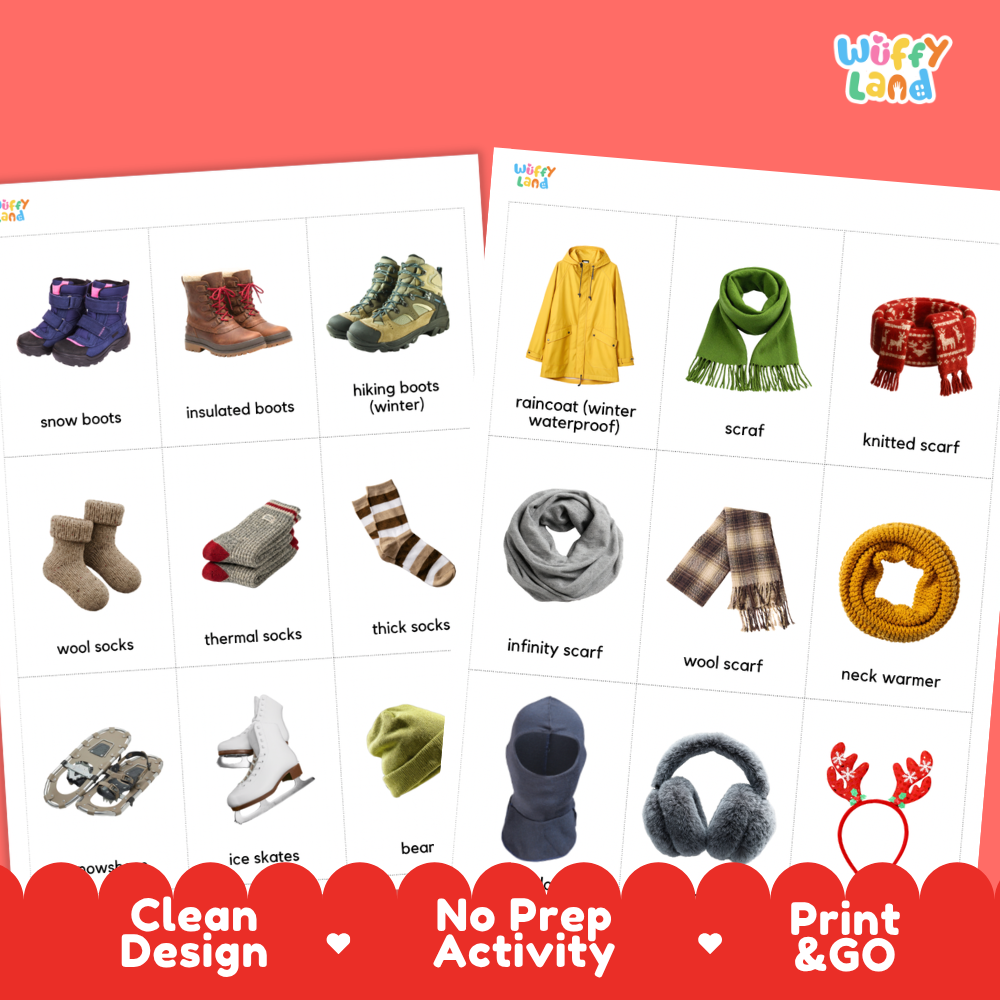 Winter Clothes & Gear Flashcards Printable Vocabulary Cards for Early Elementary
