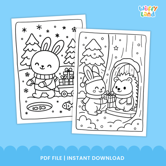 A collection of winter-themed coloring pages featuring cute animals like bears, rabbits, foxes, and snowmen enjoying snowy scenes, winter clothing, trees, and festive moments designed for kids.