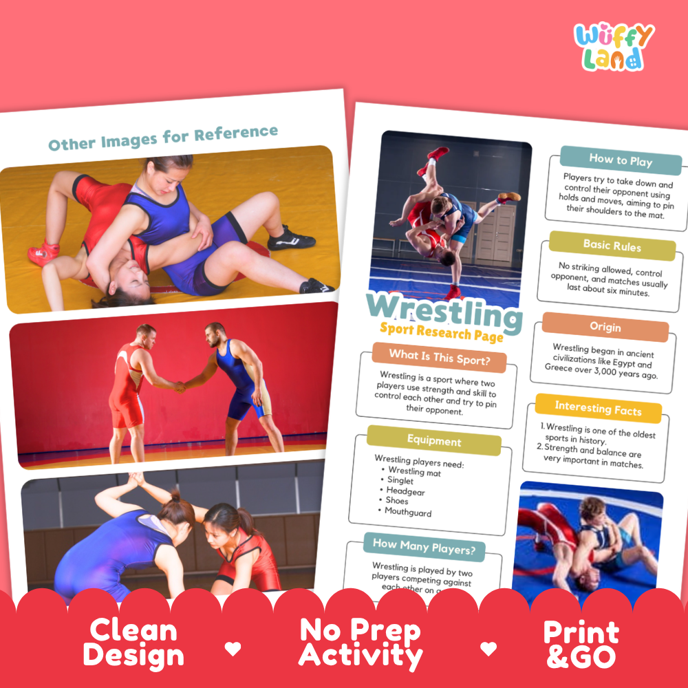 A printed or digital sports-themed poster and reference page set from Wiffy Land, featuring wrestling activity information, rule explanations, and reference photos, presented on a coral background with decorative red banners at the bottom.