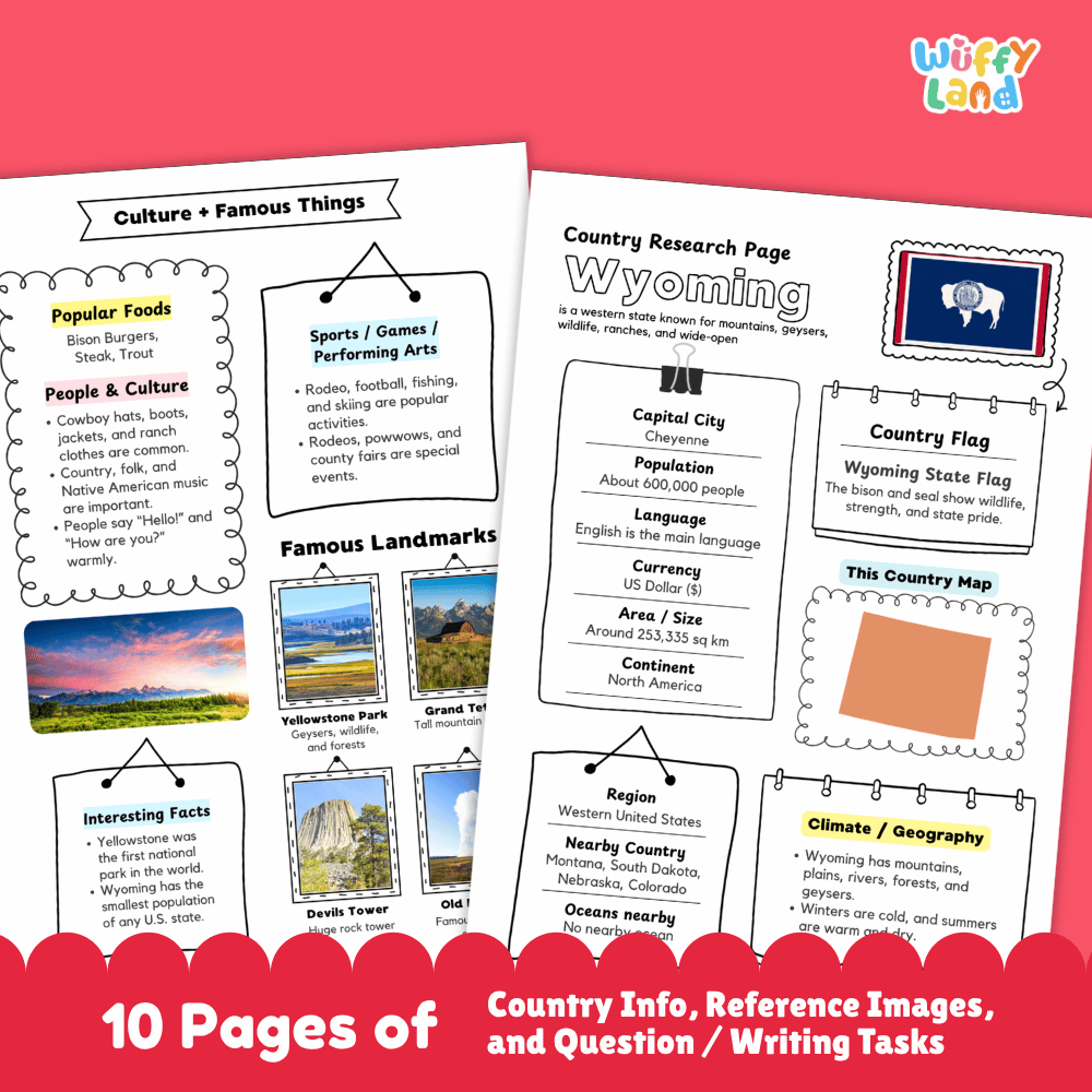 Wyoming Country Research Project Worksheets and Activity Pages