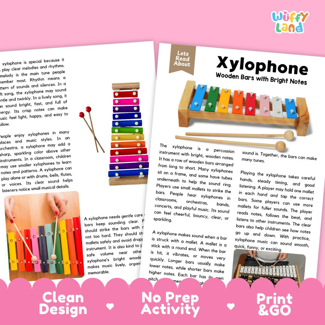 Teacher answer key page showing complete question solutions for Xylophone music education reading comprehension practice