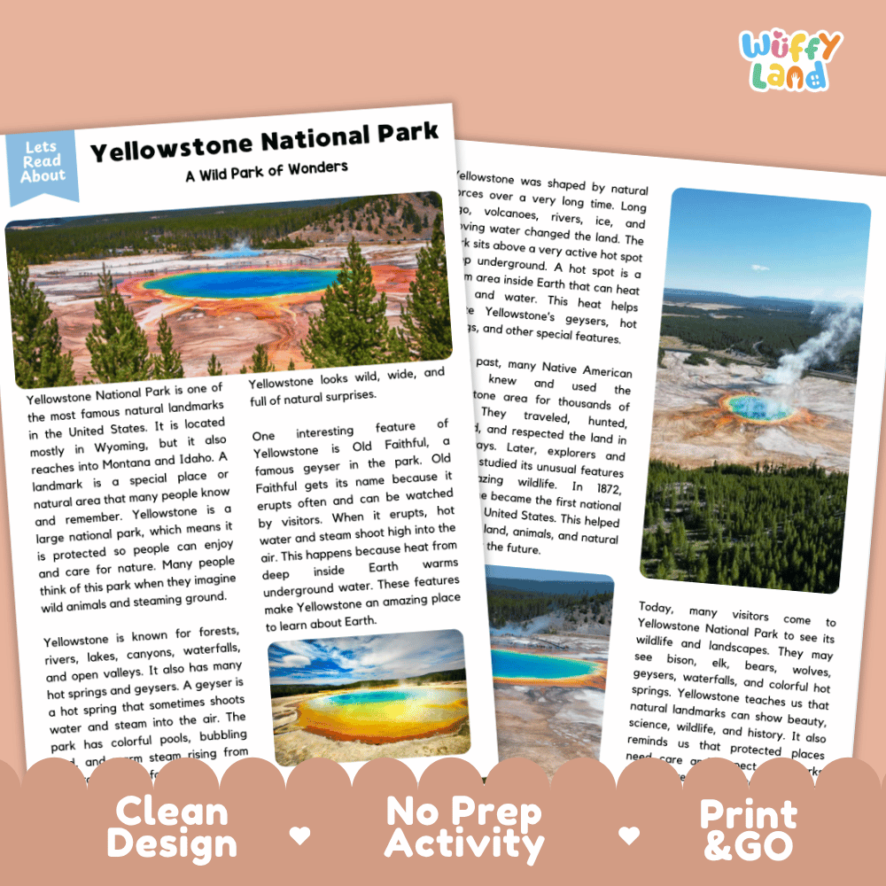 Yellowstone National Park Landmark Reading Passages and Comprehension Worksheets