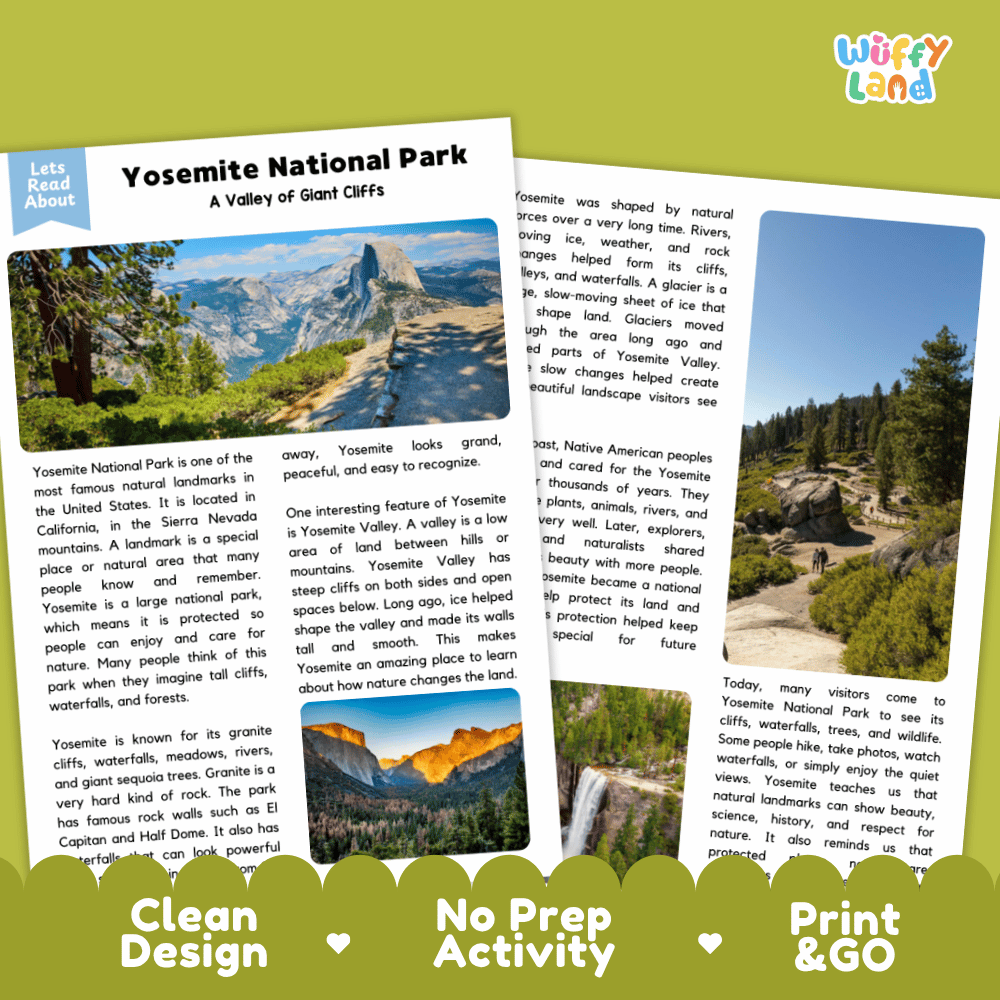 Yosemite National Park Landmark Reading Passages and Comprehension Worksheets