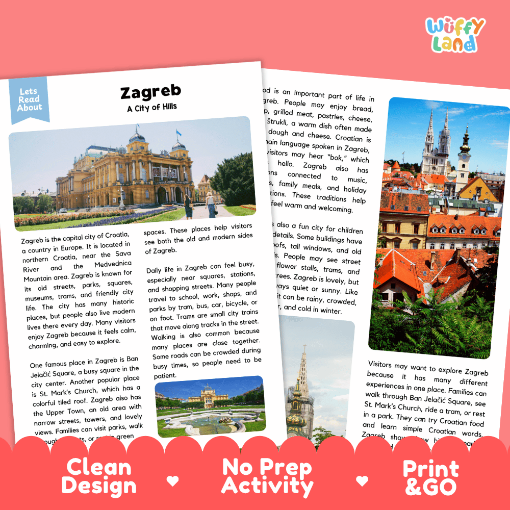 Reference sheet and answer key for Zagreb landmark reading passage displaying completed comprehension answers and Croatian geography facts