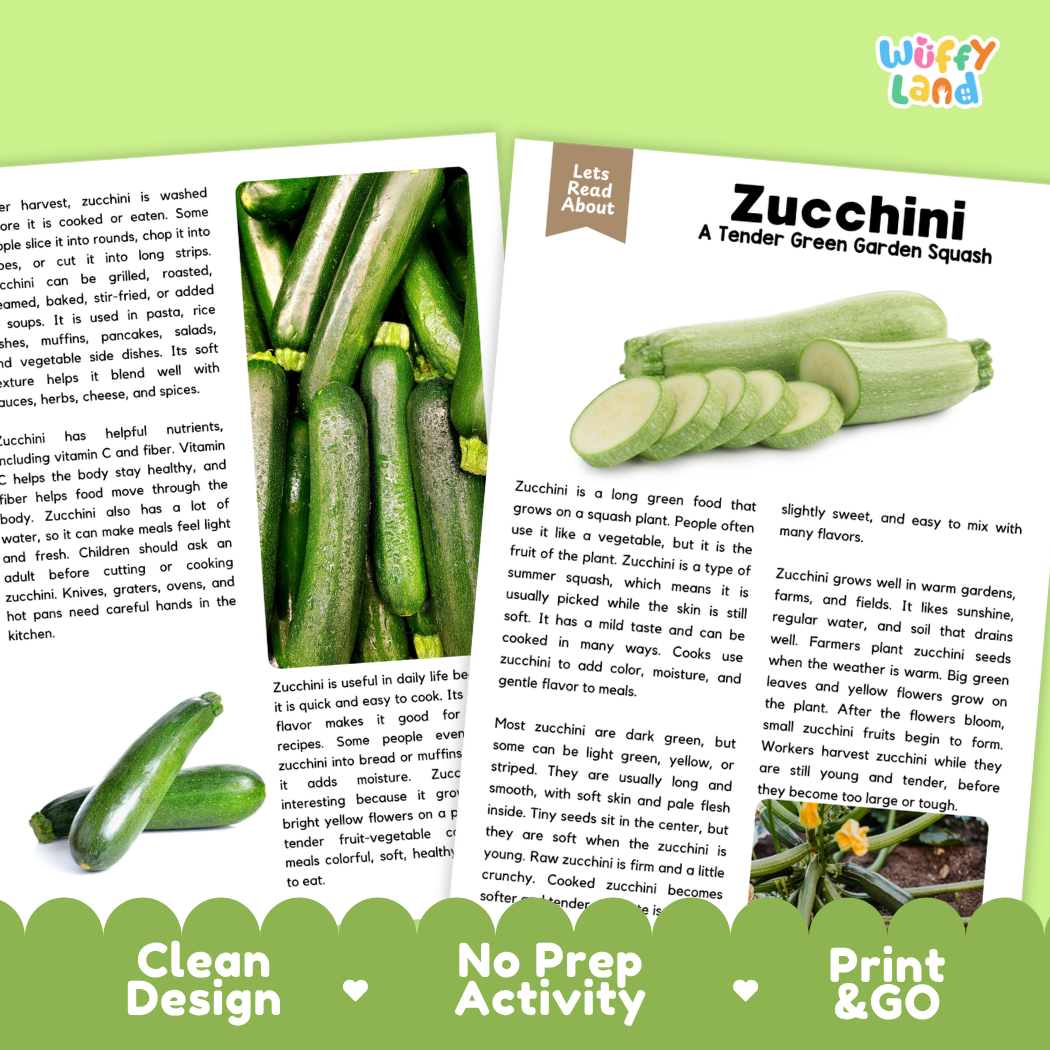 Teacher answer key page showing complete question solutions for zucchini reading comprehension practice