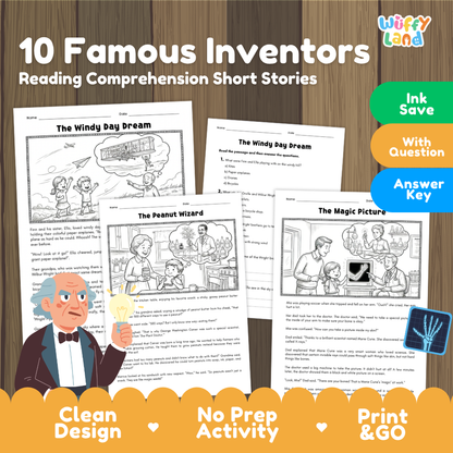 10 famous inventors reading comprehension cover showing printable short stories, question worksheets, and answer keys