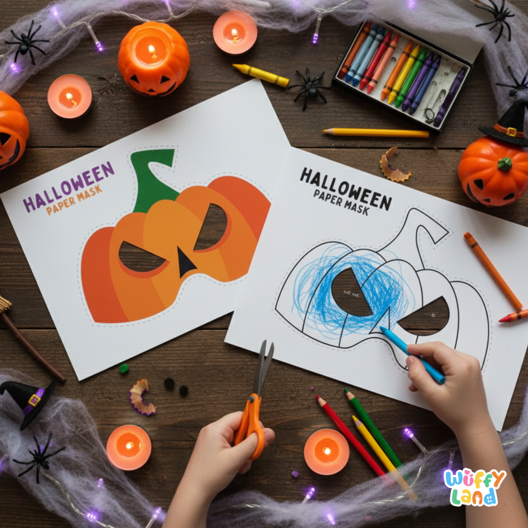 Halloween Pumpkin Paper Mask – Printable Craft (Color + B&W)