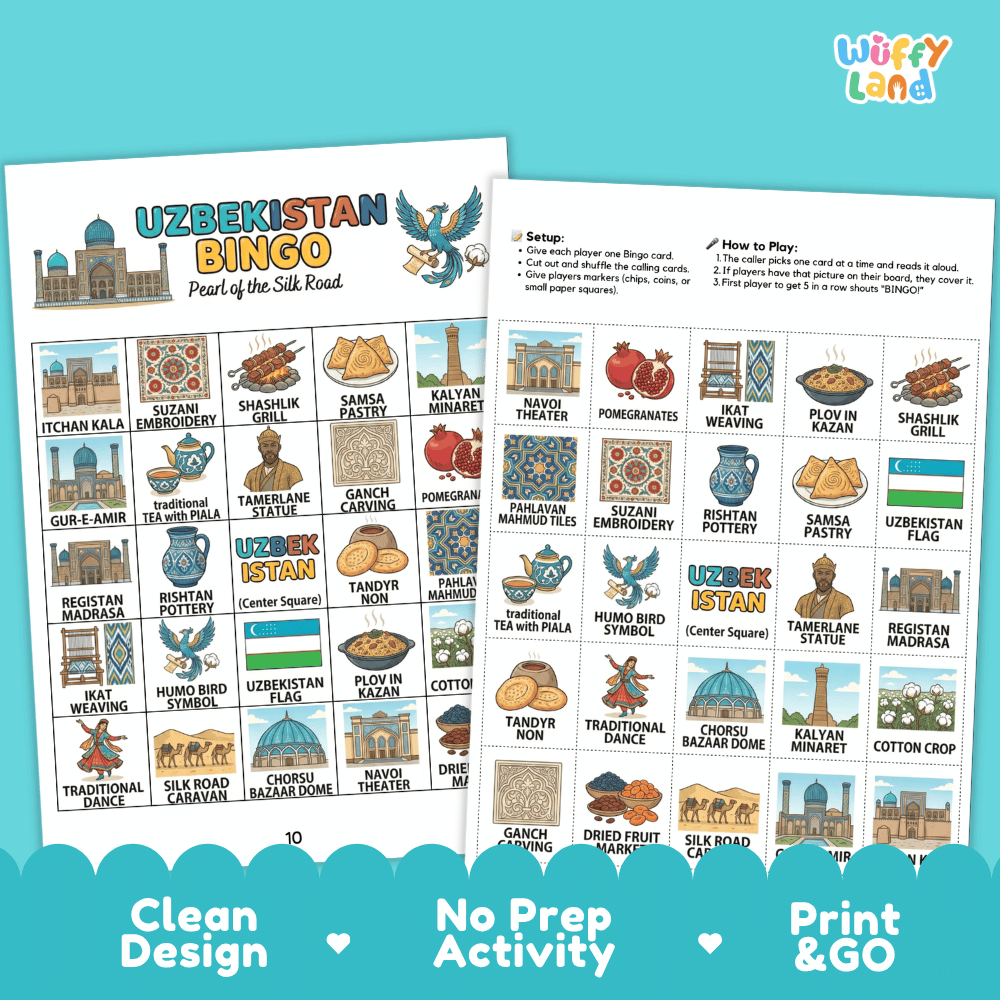 Uzbekistan Geography BINGO Game Central Asia Country Study Activity Printable Boards
