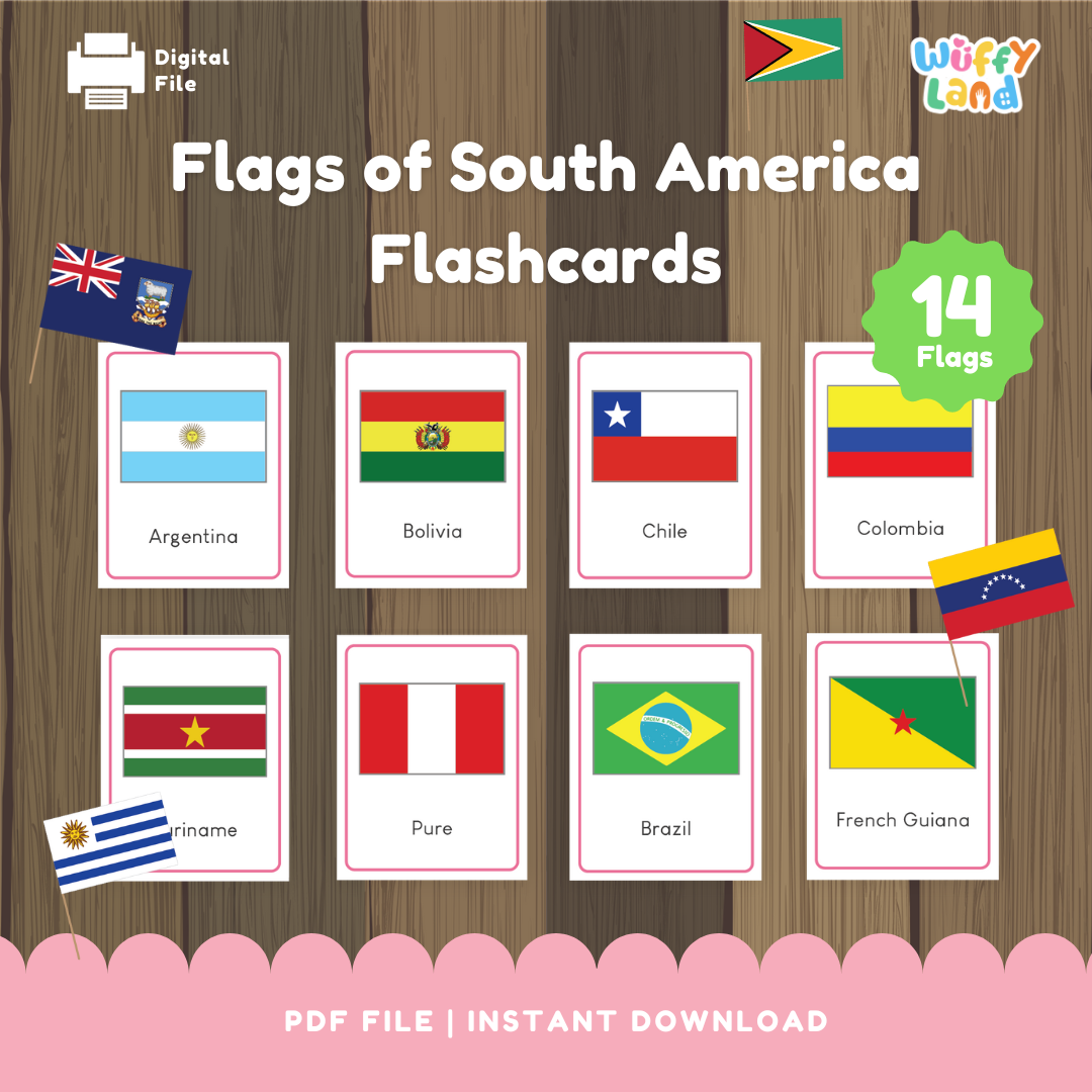 South America Flags Flashcards - 14 Page PDF Instant Download for Kids - Educational Geography Learning Tool