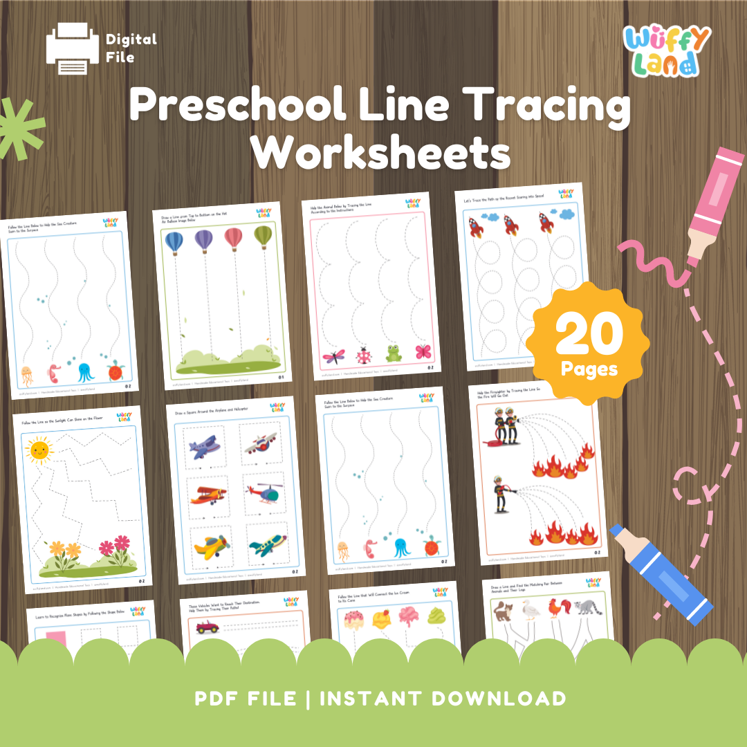 Preschool Line Tracing Worksheets | 20 Pages Printable PDF | Early Learning Activity