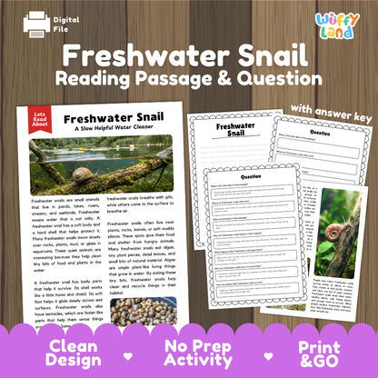 Freshwater Snail Reading Passage and Questions Worksheets with Answer Key