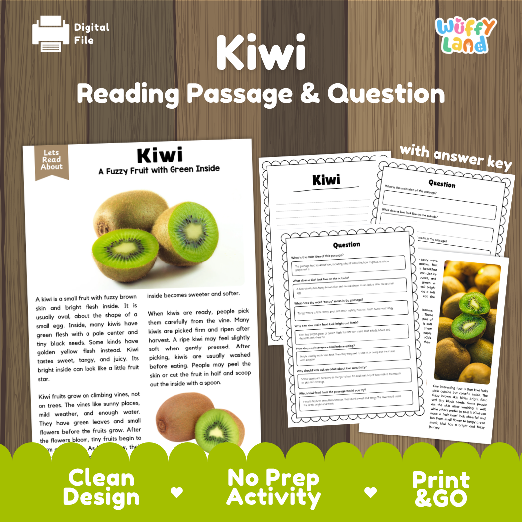 Kiwi reading comprehension passage and questions printable activity pack with answer key for elementary students
