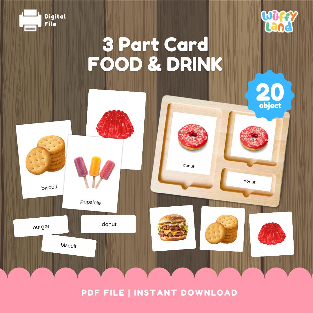 Kartu 3 Bagian Montessori Makanan dan Minuman Objek Nyata 