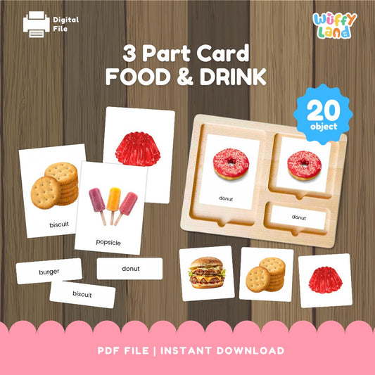 Kartu 3 Bagian Montessori Makanan dan Minuman Objek Nyata 