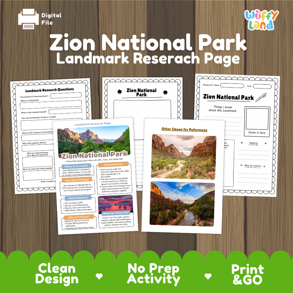 Zion National Park Landmark Research Page Worksheets and Fact Sheet