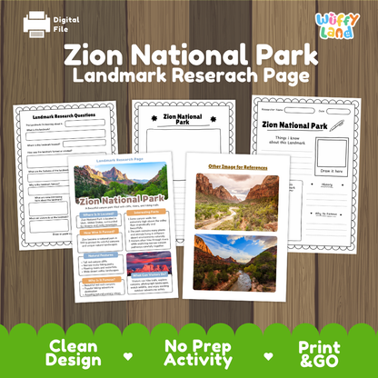 Zion National Park Landmark Research Page Worksheets and Fact Sheet