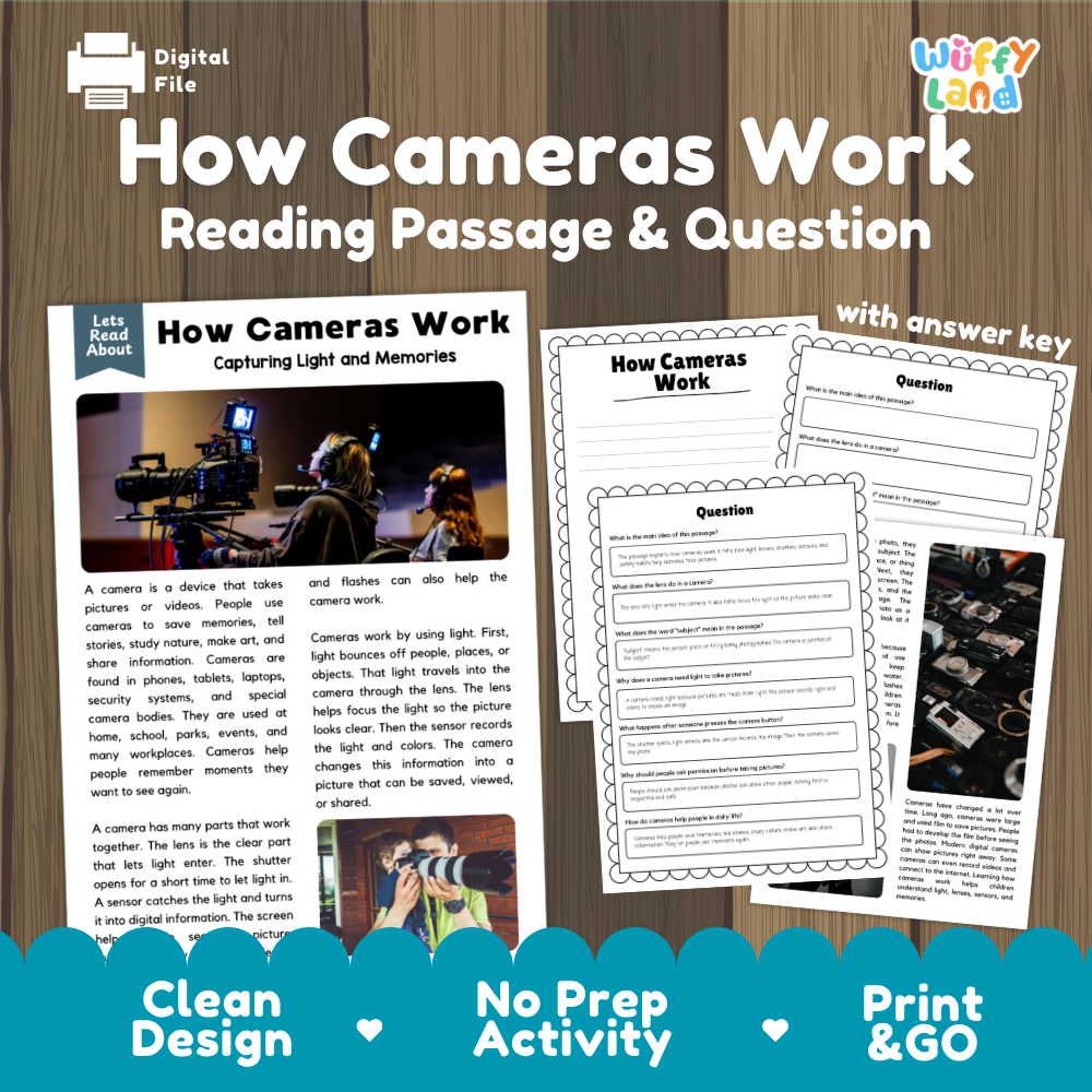 How Cameras Work Reading Passage and Comprehension Questions Worksheets