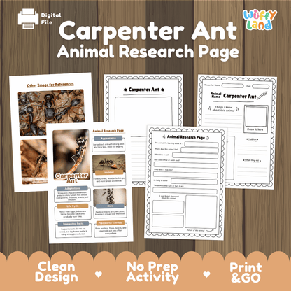 Carpenter Ant Animal Research Page and Worksheets
