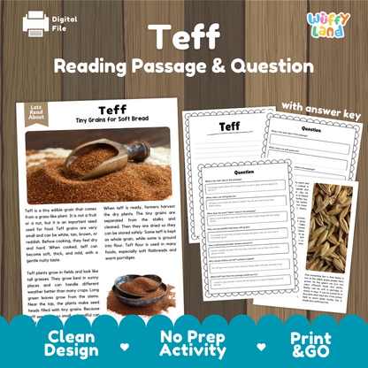 Teff Reading Passage and Comprehension Questions Worksheets with Answer Key