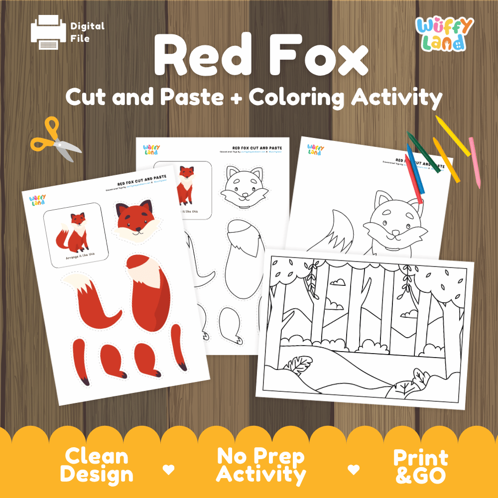 Red Fox Cut and Paste Craft and Coloring Activity Worksheets
