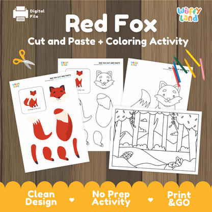 Red Fox Cut and Paste Craft and Coloring Activity Worksheets