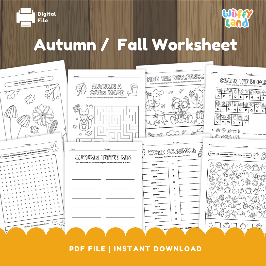Autumn/Fall Worksheets Pack | Word Search, Maze, Color by Number, Coloring & Writing | No-Prep Printable PDF PreK–2