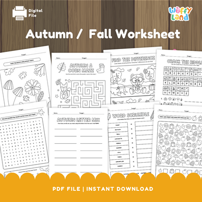 Autumn/Fall Worksheets Pack | Word Search, Maze, Color by Number, Coloring & Writing | No-Prep Printable PDF PreK–2