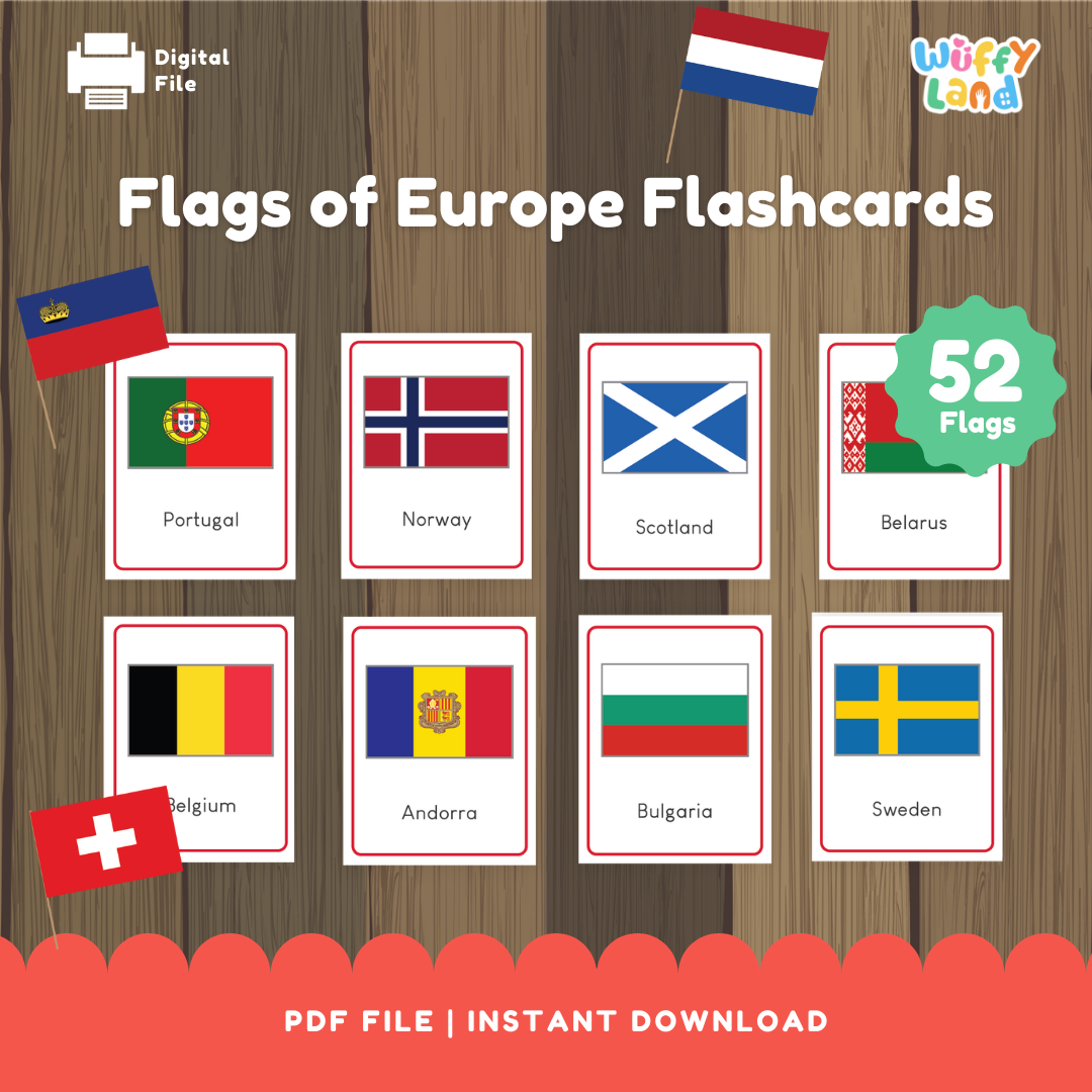 Flags of Europe Flashcards – 52 Printable Geography Cards for Kids Montessori Learning Tool for Homeschool & Classroom