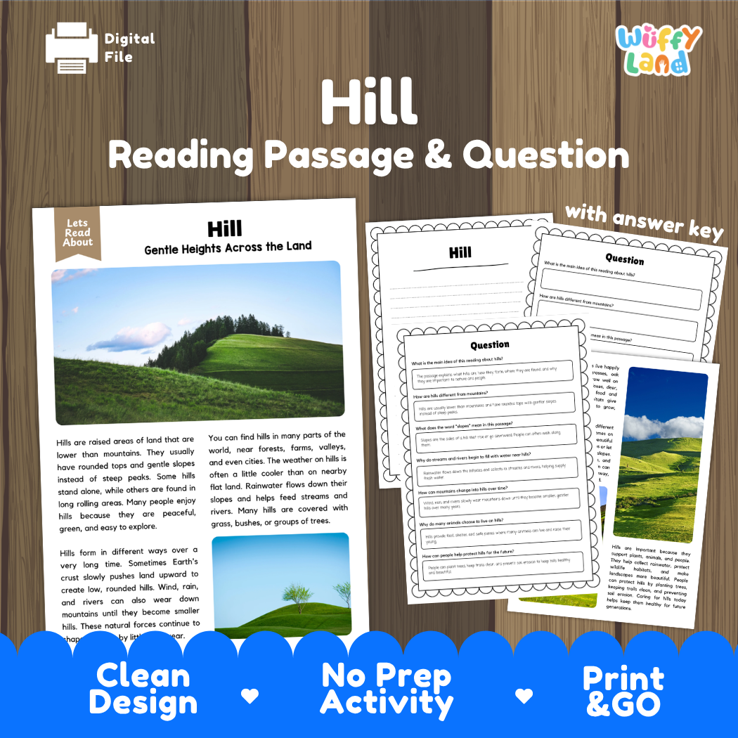 Hill Reading Passage and Comprehension Questions Worksheets Landforms