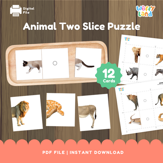 Animal Two-Slice Puzzle | 12 Matching Cards for Kids | Printable PDF