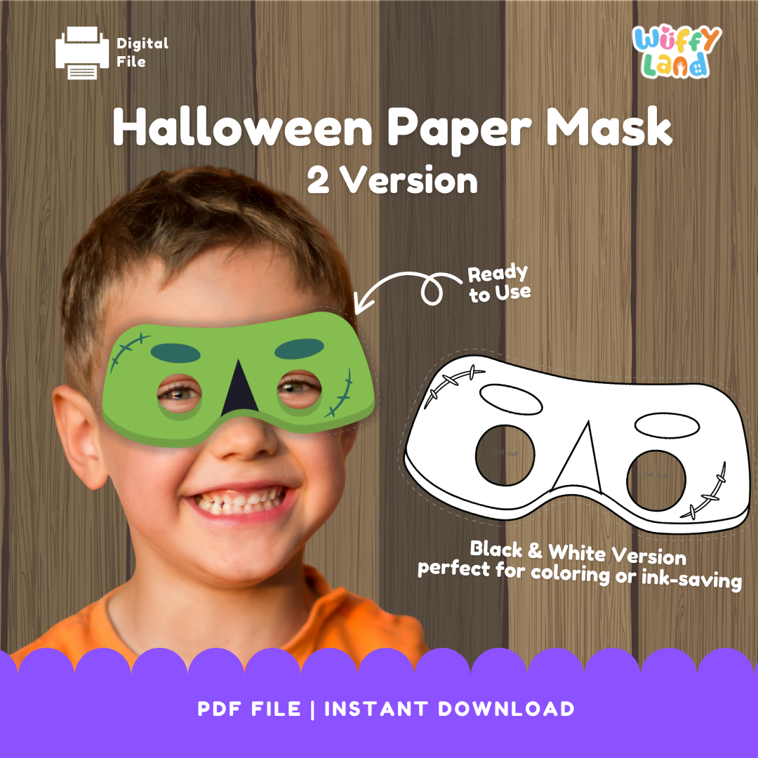 Halloween Frankenstein Monster Paper Mask – Printable Craft (Color + B&W) Wuffyland